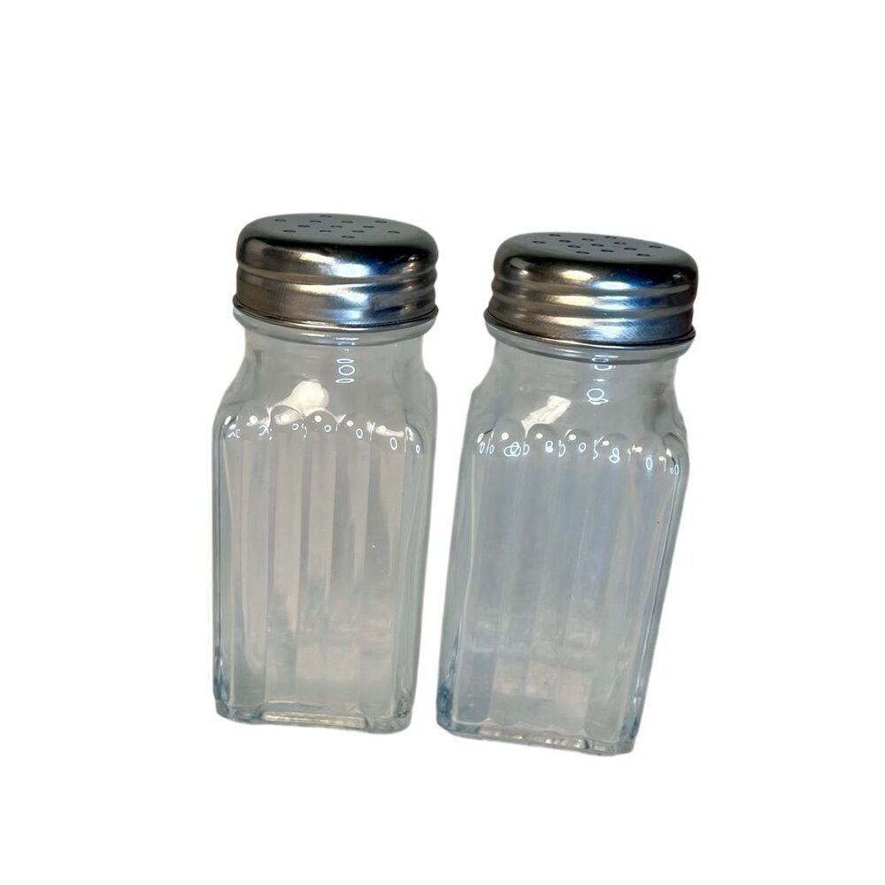 Vintage SQUARE Ribbed Clear Glass SALT and PEPPER Shaker Set - With Metal Lids